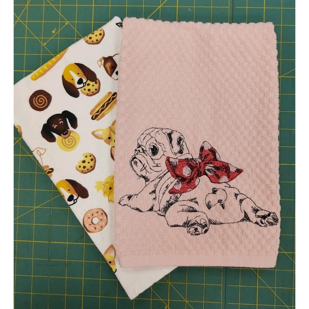 PUG Dog With Bow Kitchen Bath Hand Bar Towel Set of 2 Great Gift Idea!